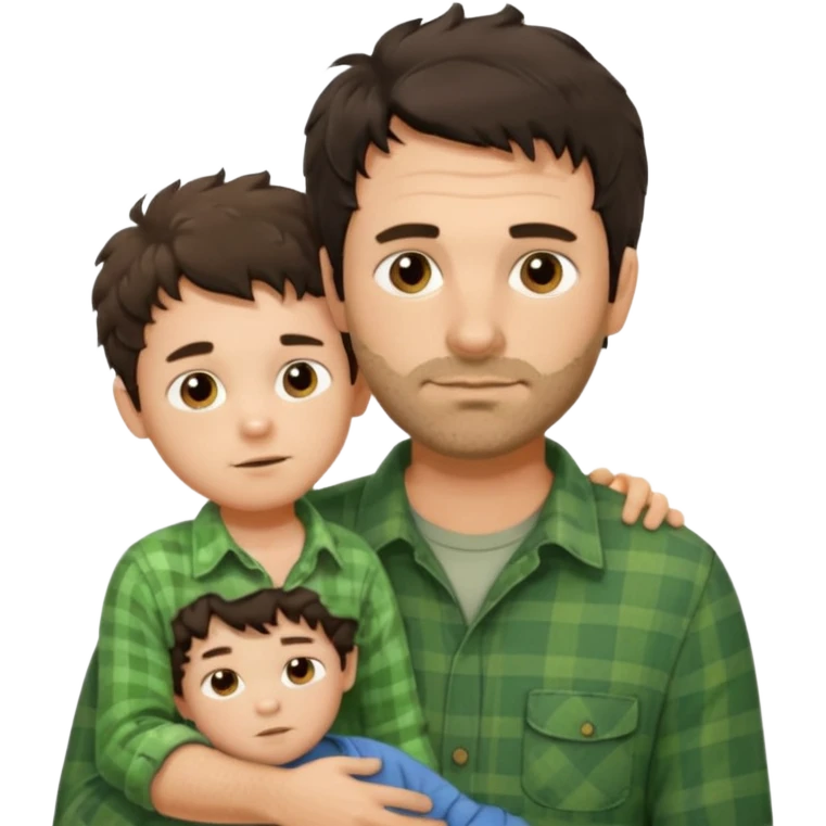 A father with messy medium-length dark hair and light stubble, wearing a green flannel shirt. He holds his one child who has short curly brown hair and a cream-colored romper. Cozy warm lighting, authentic family moment. emoji