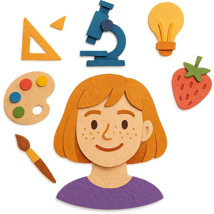 light-skinned woman, strawberry blonde page haircut, round face, freckles, smiling, surrounded by art and research symbols emoji