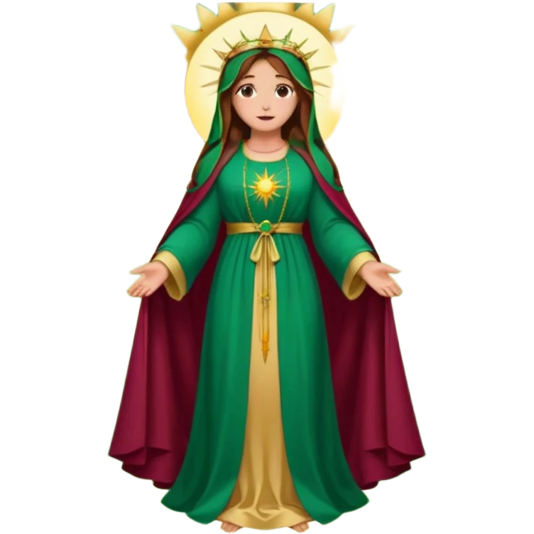 fullbody Virgin Mary back view long brown hair emerald green robe with gold stars burgundy dress halo big sun behind colorful roses on the sides emoji
