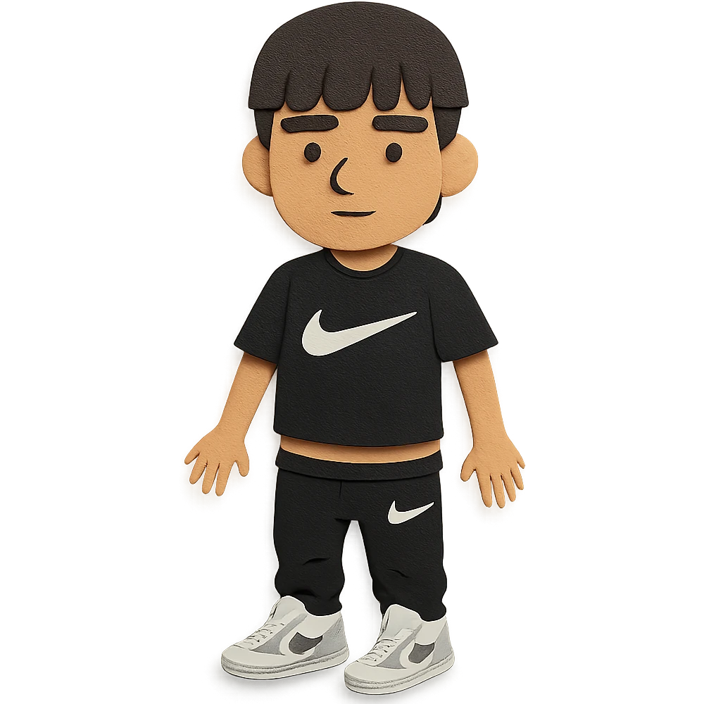 chico moreno cartoon with eyebrow-length bangs, wearing a black Nike t-shirt, black Nike pants lowered, white Dior sneakers, urban flow emoji