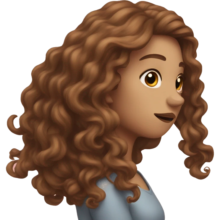 Pale female with long brown curly hair holding her head emoji