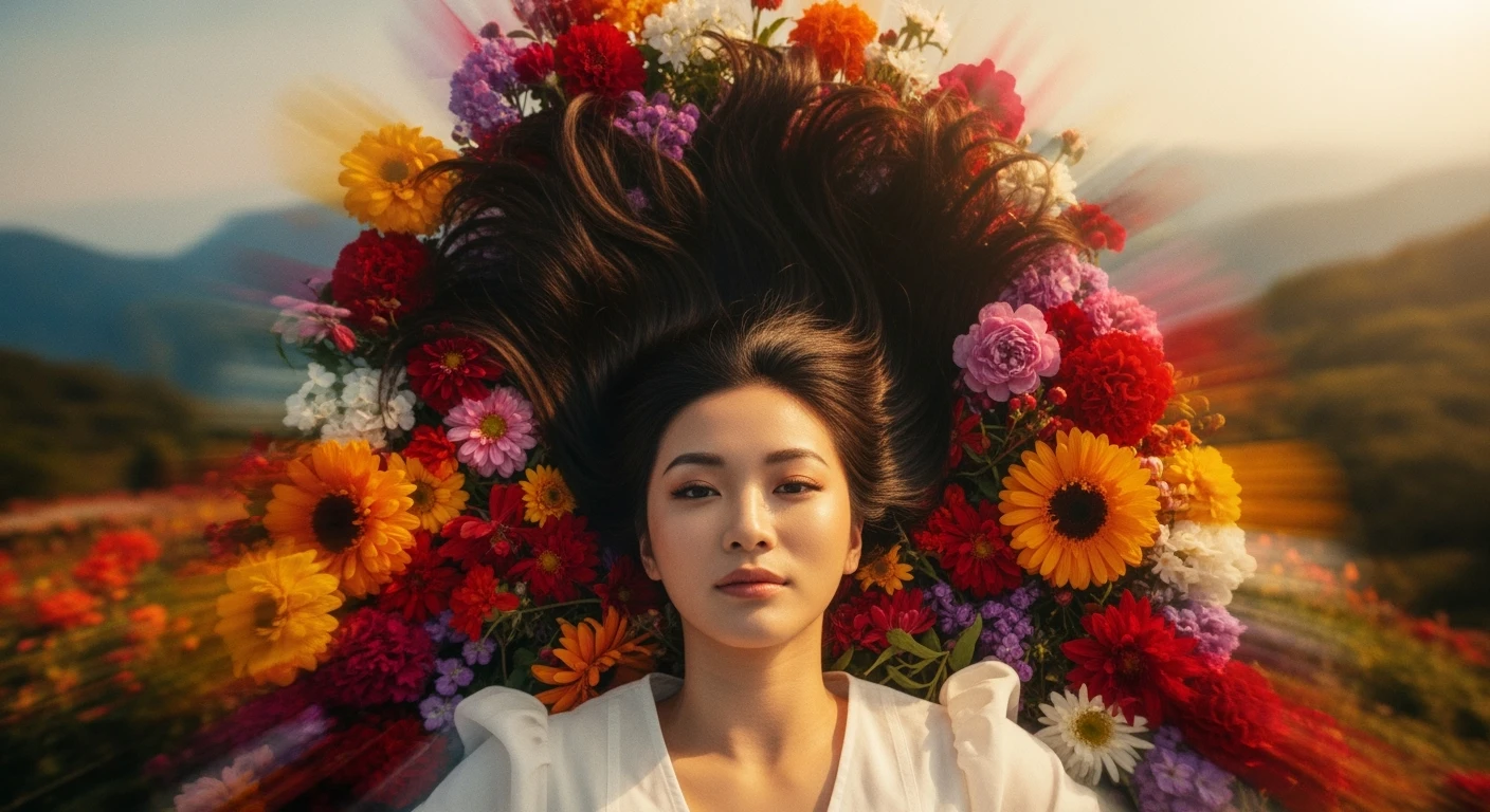 Camera drom top, Motion blur Extreme Closeup photo of a beautifull woman lay around beautifull colorfull flowers, cinematic light, 60/30/10 color rule, 8K, very detailed, sharp, depth (foreground, midground, background) emoji