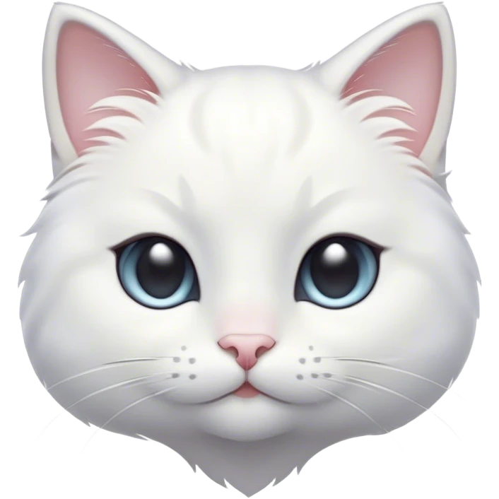Cinematic Cute White Cat Portrait Emoji, Head tilted with a soft, gentle smile and sparkling eyes, featuring a silky, pristine white fur with subtle silver highlights, simplified yet irresistibly adorable, highly detailed, glowing with a warm, snowy glow, high shine, radiating affectionate charm and tender grace, styled with a light, playful outline, capturing the essence of a cute white cat that looks as if it could melt your heart with a single blink! emoji