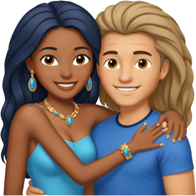 smiling embracing interracial couple from waist up. ebony woman with long hair and jewelry. brazillian man short hair wearing blue. emoji