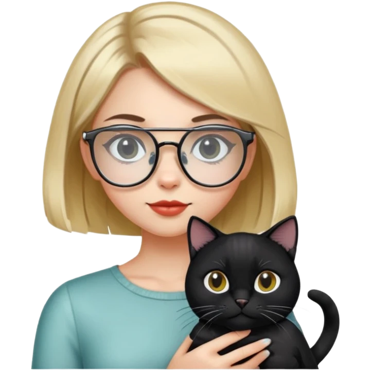 a girl with a bob, with hairpins on the sides, and with transparent glasses. holds a black cat in her arms emoji