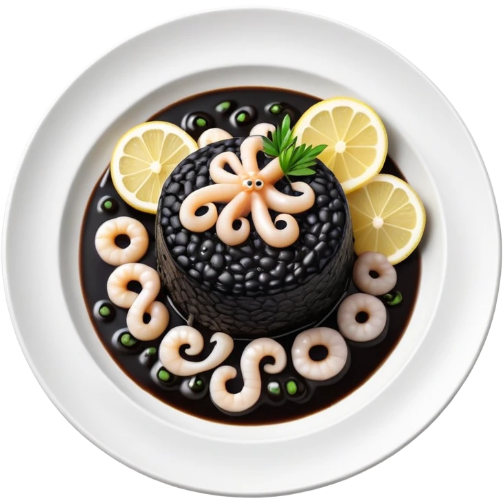 cinematic-realistic-black-risotto-dish-emoji,-showcasing-small squid pieces in black sauce -rendered-with-bold-textures-and-dynamic,-dramatic-lighting in a white plate with a grilled lemon on top emoji