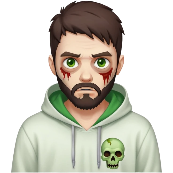 zombie pointing finger, undercut hairstyle with dark brown hair, short full beard, heterochromia with one green eye and one brown eye, wearing plain white hoodie emoji