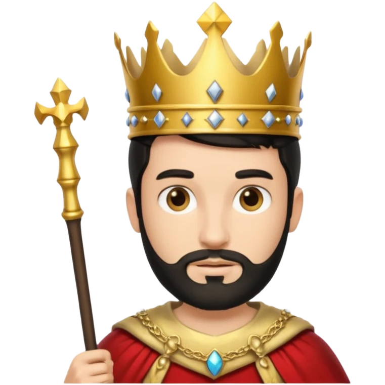Bearded King, young king with short black beard, royal staff in hand, wearing crown
 emoji