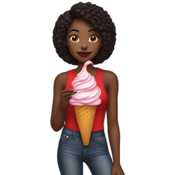 a skinny model in a red top and in a black jeans eats rainbow ice cream emoji