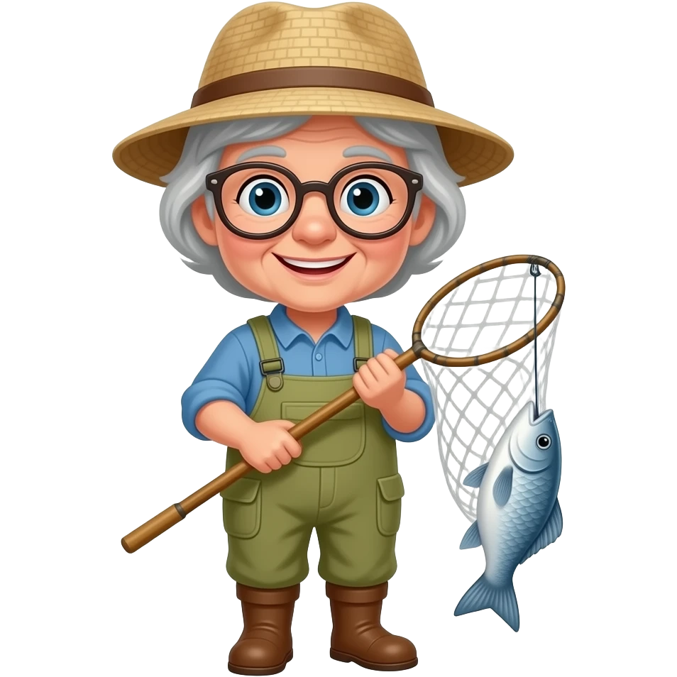 old lady fisher with holding fisher net emoji