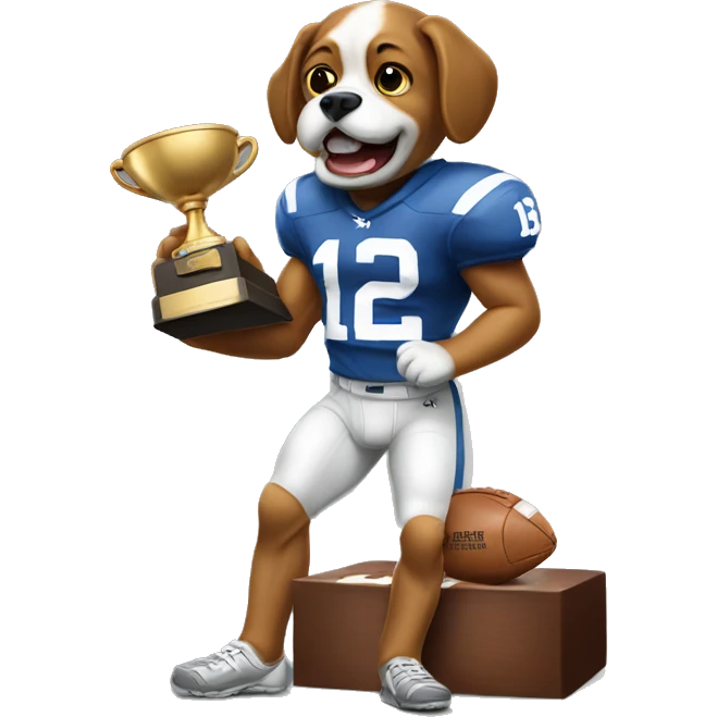 A dog holding the Heisman Trophy emoji