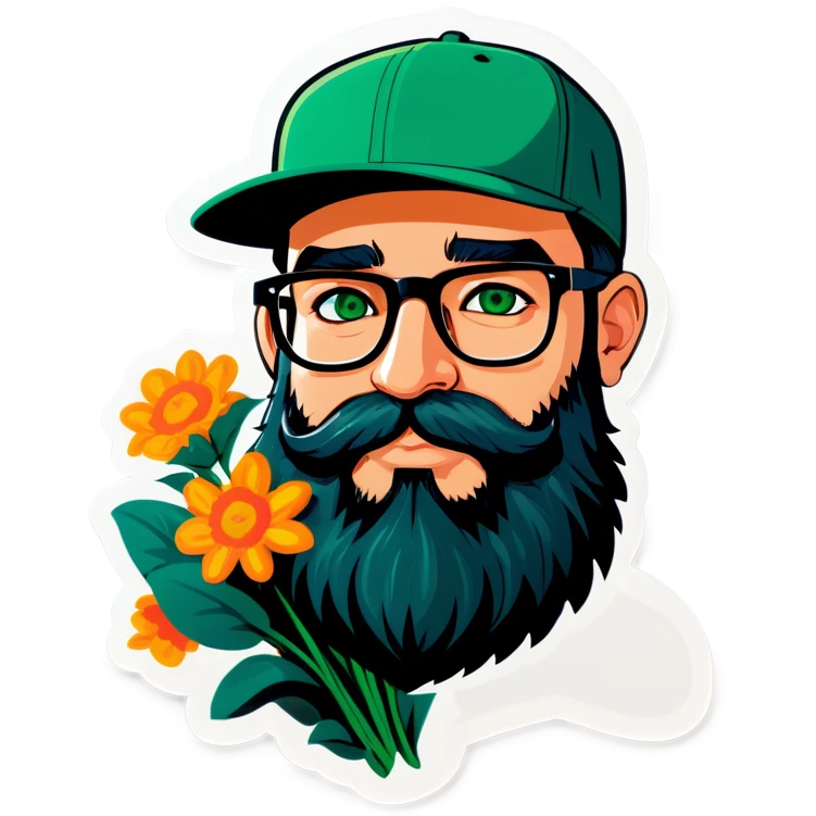 A bold man with a grey baseball cap, green eyes, big beard and glasses, holding a bouquet  emoji