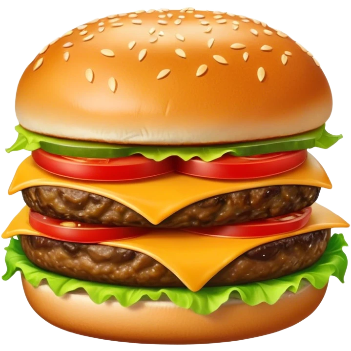 Cinematic juicy cheeseburger, perfectly grilled patty, melted cheese, crisp lettuce, tomatoes, and pickles, soft sesame seed bun, glossy and rich, warm glowing background, ultra-detailed and appetizing. emoji