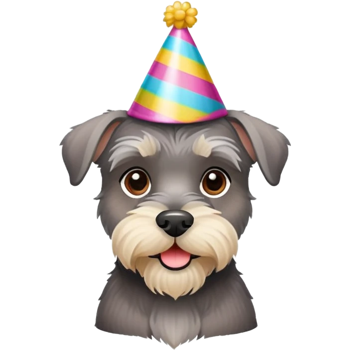 A schnauzer dog wearing a colorful birthday hat emoji
