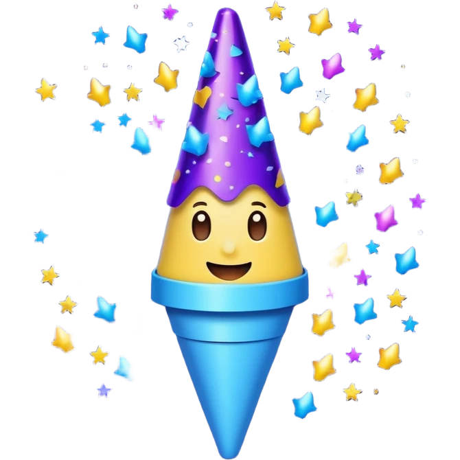 Emoji with glowing cone-shaped confetti popper, purple and blue colors emitting confetti and glitter, creating a bright festive atmosphere emoji