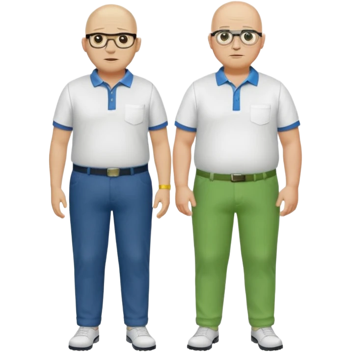 two guys, the first guy is white and have hair but only around his head and not on top, have glases a white dressshirt with rolled up sleeves and green pantsThe second guy has a yellow skin white golf shirt blue jeans and bald they should stand next to eachother they are both really fat  emoji