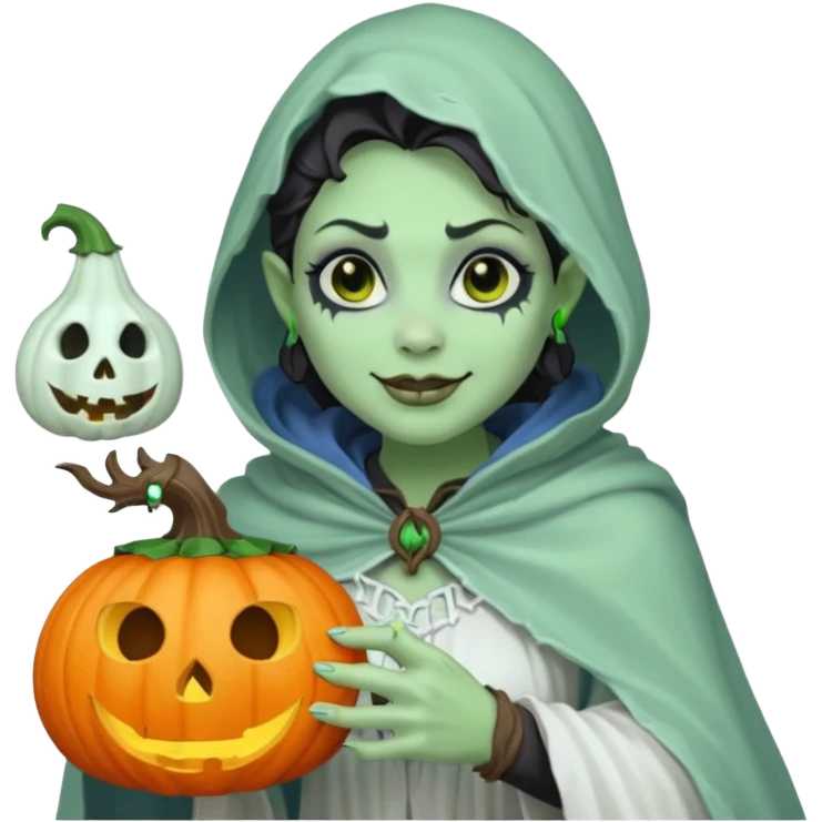 female orc ghost emoji, green skin, tusks, gentle smile, wearing flowing white ghost cloak with black eye holes, holding pumpkin lantern, faint glowing blue mist, Halloween fantasy, smooth Apple emoji style, white background, square emoji