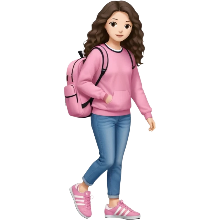 aestethic brunette very,very,very long wavy hair walking with a school backpack (no brand) with a cute jeans, pink sweat, adidas samba shoes emoji