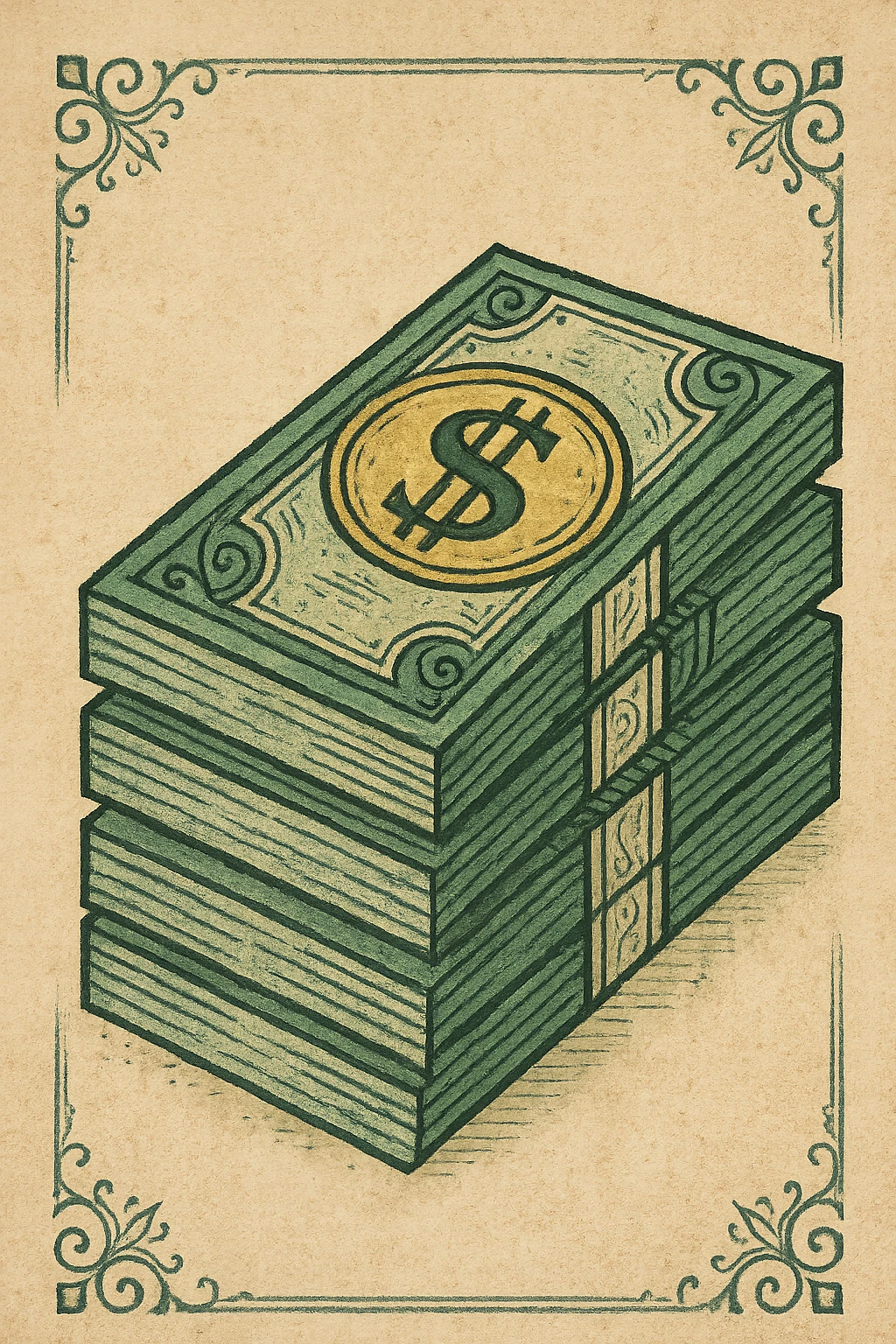 stack of money, classic look, green gold and white color scheme, elegant lines, decorative details emoji
