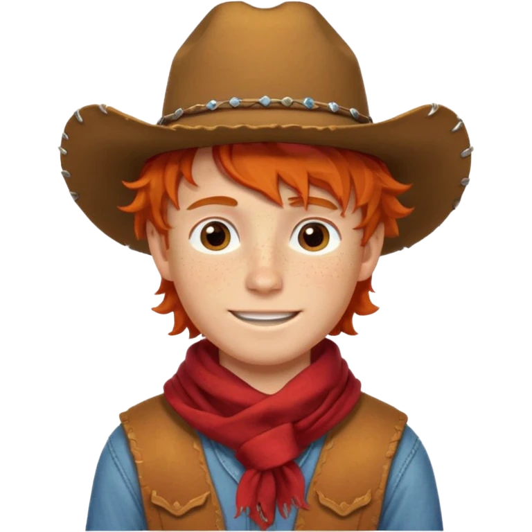 a wavy orange hair boy wearing a cowboy hat with a mischievous grin and freckles with western red scarf on his neck emoji