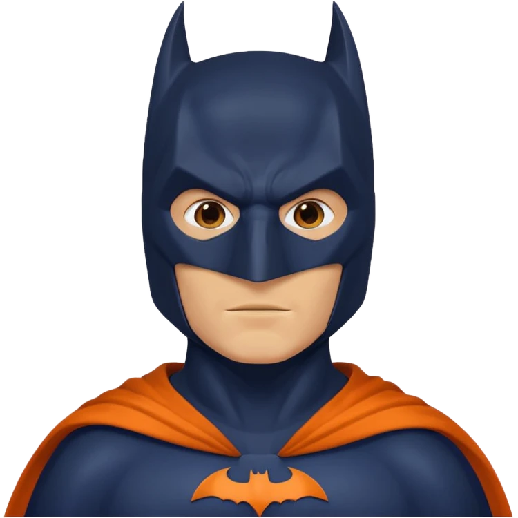 generate a batman emoji with just the face and neck showing and part of the cloak and and wings. Shade the mask in dark navy blue. Shade the chest in a bright medium olive green. Shade the cloak in a solid vibrant orange emoji