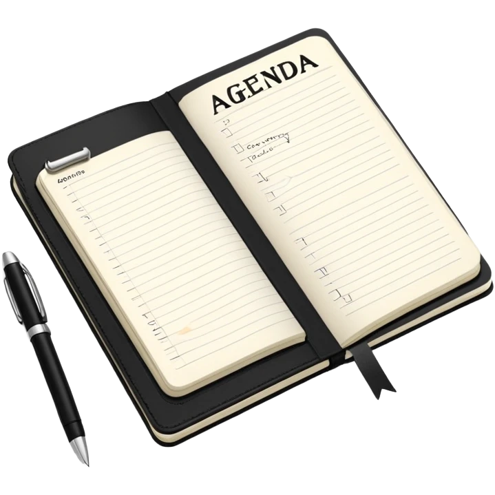 A classic black Moleskine notebook open to show a page with 'AGENDA' written at the top and meeting items listed below with bullet points emoji