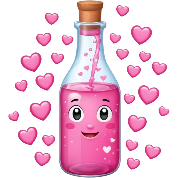 A cartoon cute glass  bottle with pink liquid, labeled “obsessed”, with hearts and sparkles swirling around. emoji