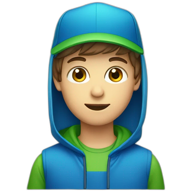 boy with green eyes and triangle head face shape, blue cap, wearing a reversed blue cap emoji