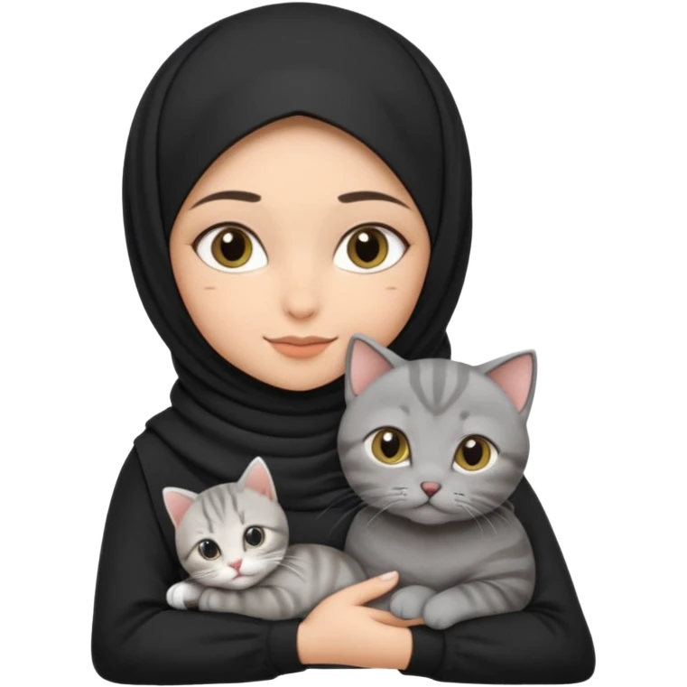 Skinny Middle Eastern hijabi girl (black hijab) with arched brows holding a grey tabby British shorthair, mum and kitten cat emoji