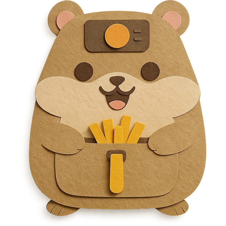 cute hamster-shaped air fryer, fluffy, holding tiny crispy fries, excited expression, soft brown, full-body emoji