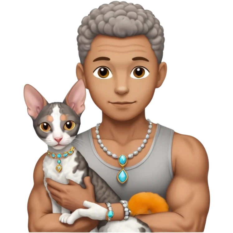 muscular man with jewelry with Cornish Rex cat emoji