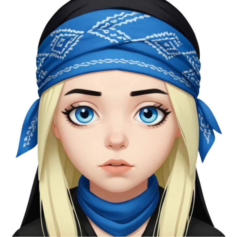 billie eilish blue eyes long black hair dark eyeliner makeup, wearing bandana emoji