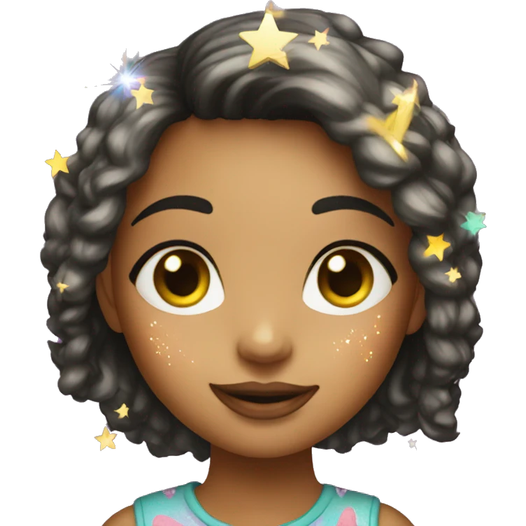 A funky girl with a tuna t shirt and stars on her face and sparkles in her hair that is a bob emoji