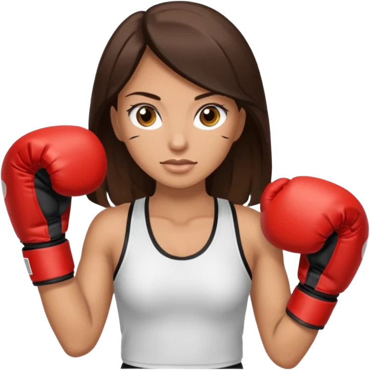 An woman with long dark brown hair light brown eyes in boxing gloves emoji