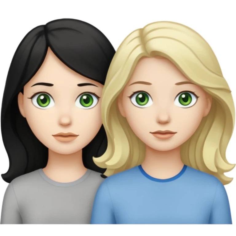 wavy black haired and pale skined green eyed girl with dark golden blonde wavy haired pale skined light grey blue eyed girl emoji