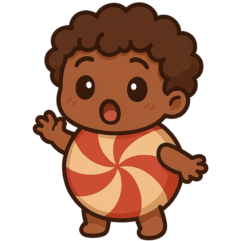 brown male peppermint chibi character with curly hair, surprised expression, cute and playful style emoji