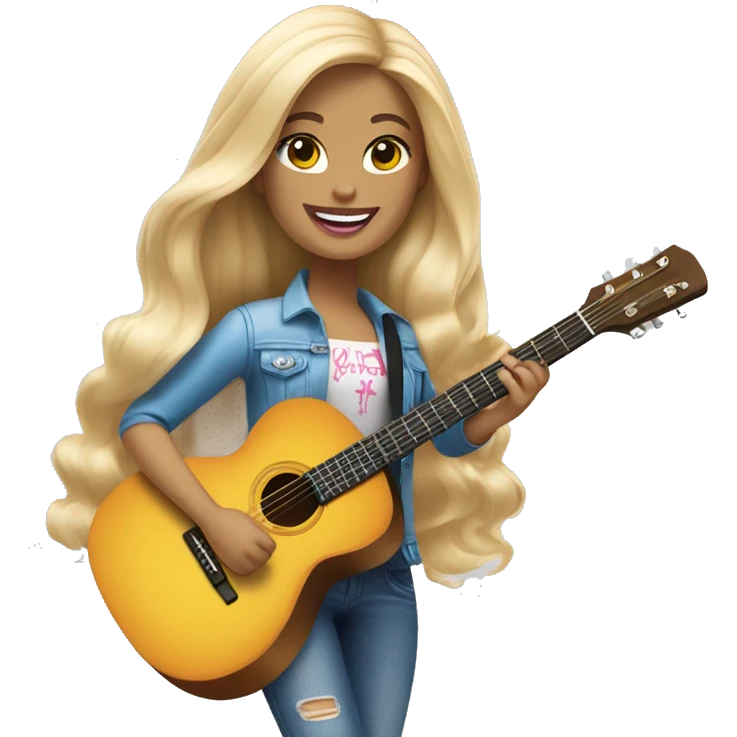 An emoji of a blonde, long-haired Barbie playing a guitar, wearing stylish clothing and smiling confidently emoji