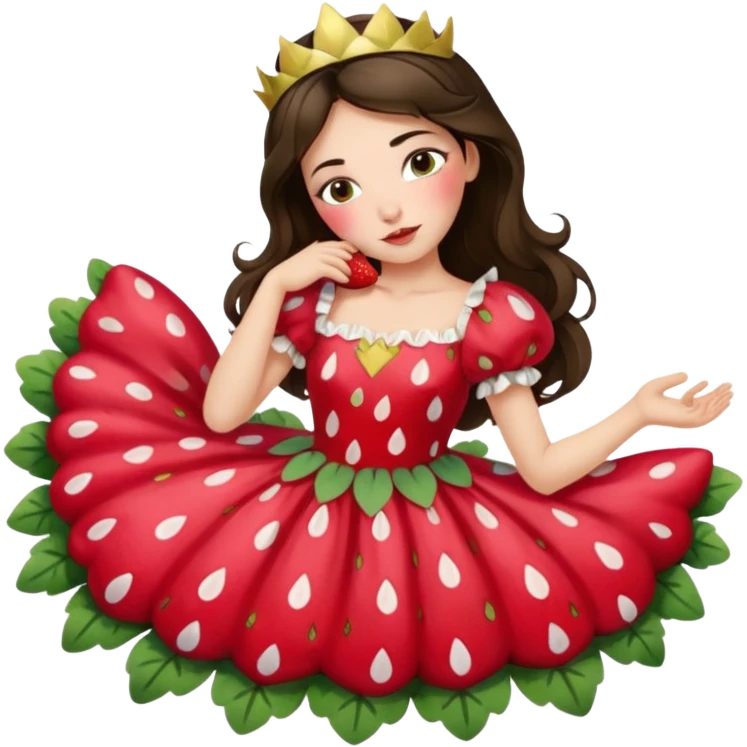 sleeping beauty brunette white girl with a silk pillow strawberry dress with her face painted fairy strawberry styles on top and her dress drawstring with a strawberry  emoji
