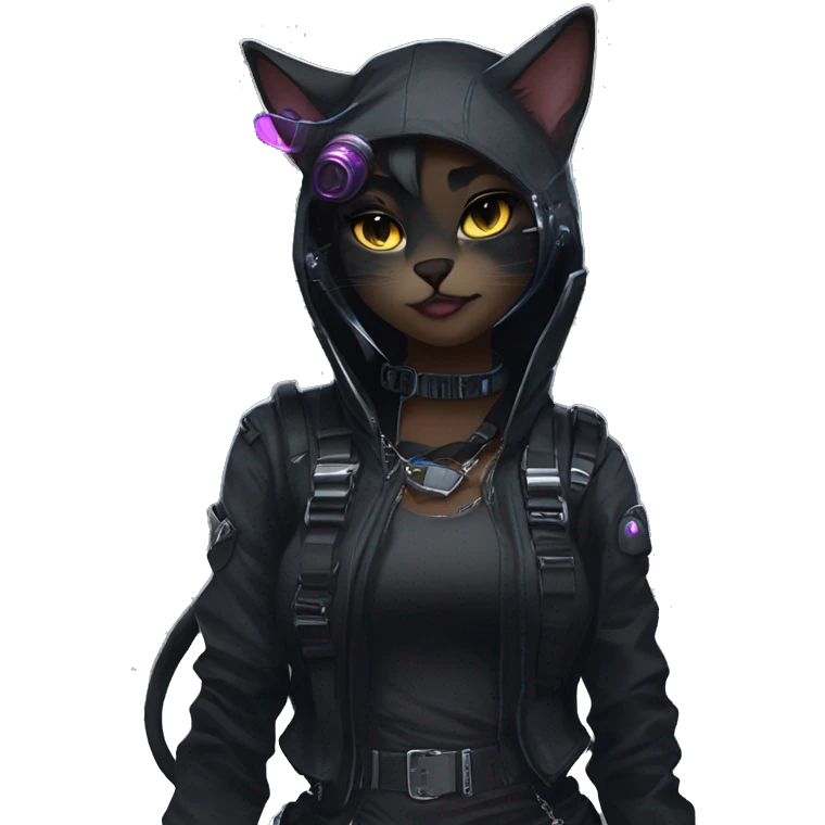 Gorgeous dark techwear cyberpunk style sona anthro cat, aesthetic, and pretty edgy black with collar and harness, trending style emoji