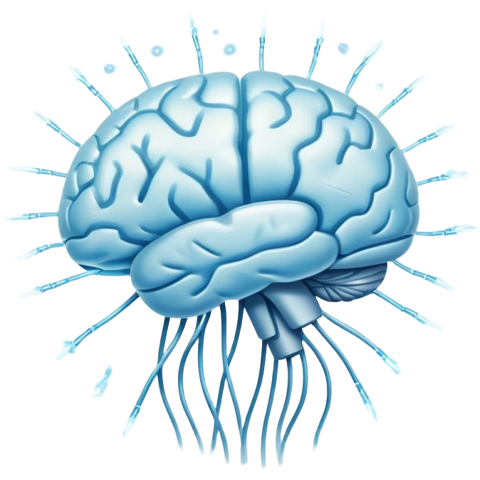 Floating pearl and light blue capsule orbiting around a translucent brain with bright sparks connected to a glowing neural network, all wrapped in a soft fog representing mental focus emoji