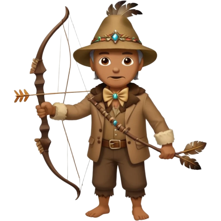 The classic image of a middle-aged uncle hunter carrying a bow, dressed in brown clothes, with some ornaments made of feathers, bones or teeth on his body. emoji