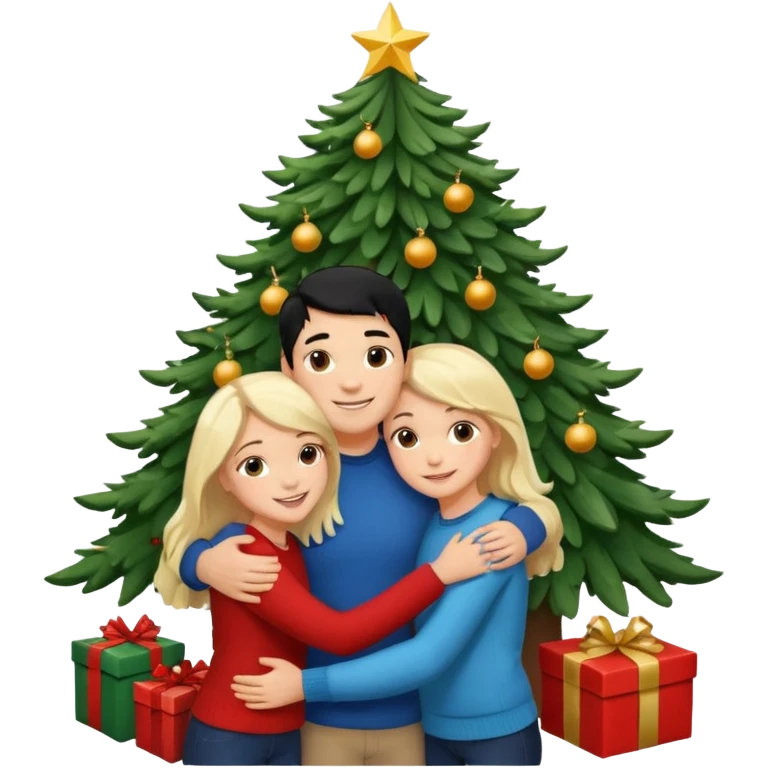 Generate Christmas-style emojis  family. Where light-skinned people stand near the tree all together, hugging and smiling. 2 girl should be Light-haired woman, 1 woman black-haired woman, and add 1 man  emoji