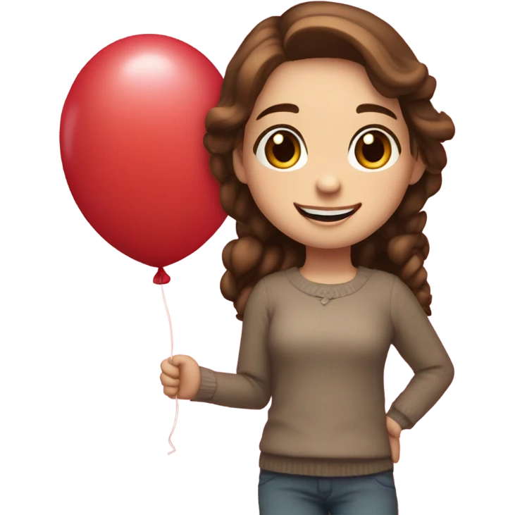 White skinned girl with brown hair and brown eyes holding a balloon that reads “Happy Valentine’s Day!” emoji
