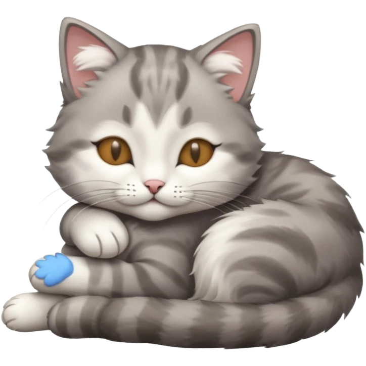 grey and white small cat with its eyes closed lying down leaning on his elbow with his paw curled under his head holding it up emoji