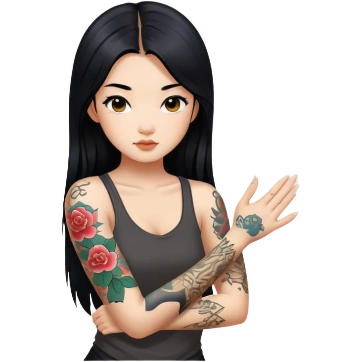 Asian girl with long black hair and tattoos on her arms emoji