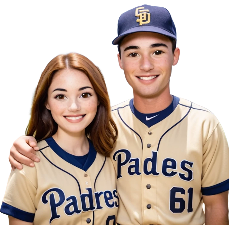 *White* Smiling couple. Woman has big cheeks and a lot of freckles on the nose. long brown hair. Man has black and very short hair and prominent eyebrows with egipcian nose. Both are wearing “Los Padres” baseball jerseys and with a sign that says “Go Padres!” emoji