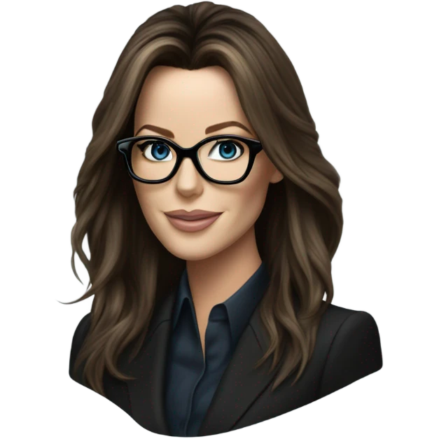 Hyper Realistic photo Kate Beckinsale blue eyes wearing glasses in a business meeting black dress emoji
