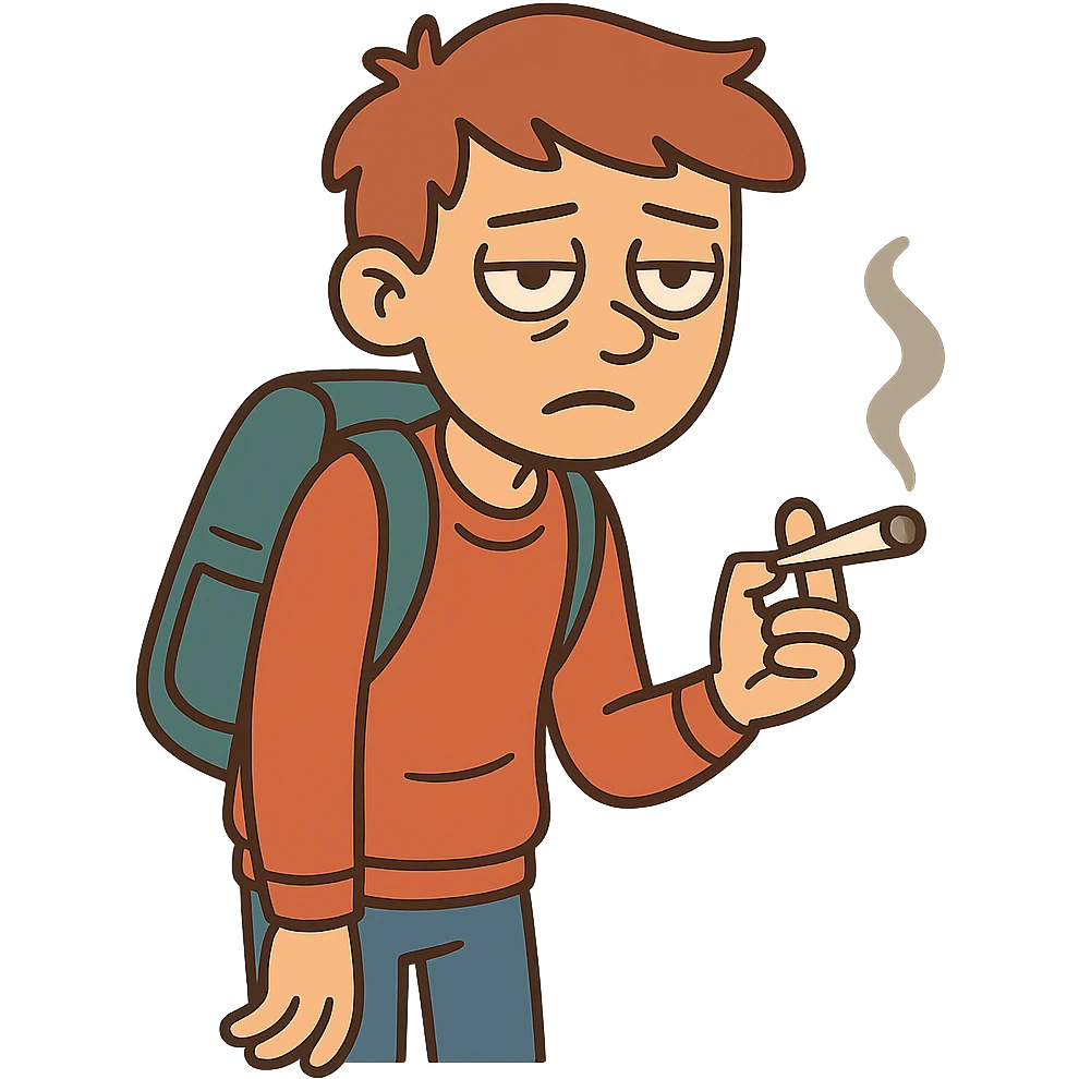 flat toon style of a student with a backpack, tired expression, and a joint, no background emoji