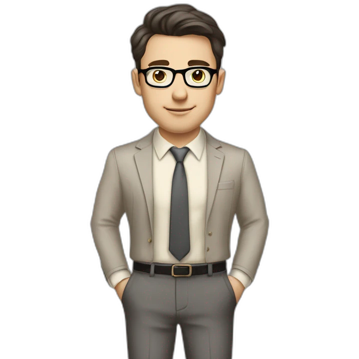 Full height Pale skinned Fit Man With dark brown hair in classic gray suit, beige office shirt, dark gray tie, and vintage glasses. His hands lock emoji