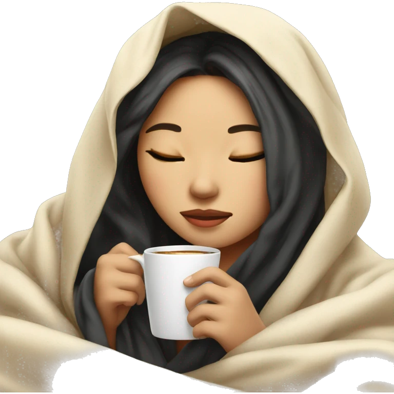 asian girl inside a blanket sipping coffee eyes closed emoji